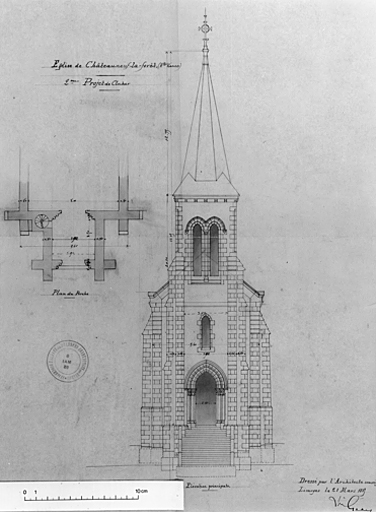 Deuxième projet de clocher. Elévation occidentale et plan du porche. Projet non réalisé. 1883. Architecte Geay.