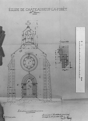 Elévation de la façade occidentale. Coupe sur la rosace. 1884. Architecte Geay.