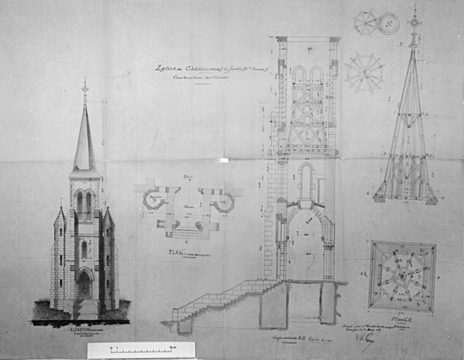 Construction du clocher. Elévation occidentale. Plan au sol du porche. Coupes du clocher et de la flèche. Plan de la charpente. 1883. Projet non réalisé. Architecte Geay.