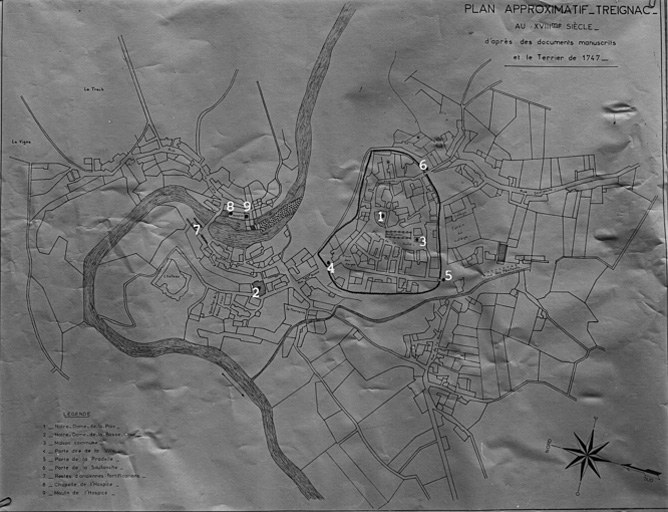 Plan approximatif de Treignac au 18e siècle, d'après des documents manuscrits et le terrier de 1747.