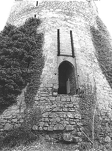 Vue partielle du donjon, prise en 1981, montrant la porte d'accès.