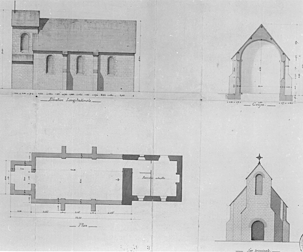 Plan au sol, élévation longitudinale, élévation de la façade, coupe transversale. Projet non réalisé, architecte Linard, mai 1876.