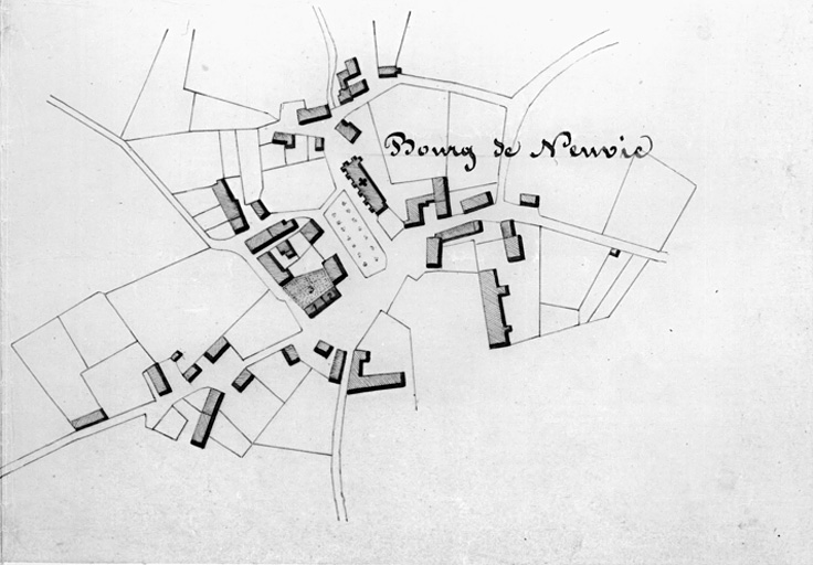 Plan masse du bourg, avec situation d'un projet de construction d'une école. Agent voyer Coullaud, 1862.