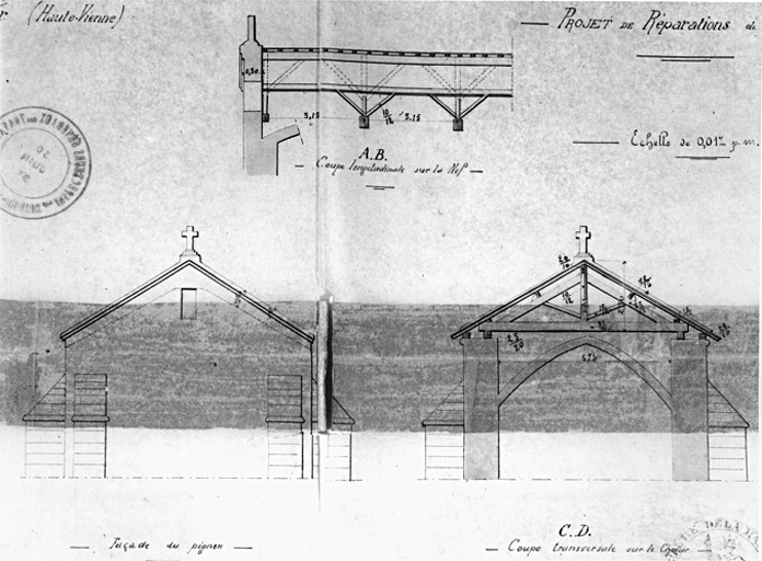 Projet de restauration de l'église, architecte Joly, 1891. Détail : élévation du chevet, coupes transversale et longitudinale.