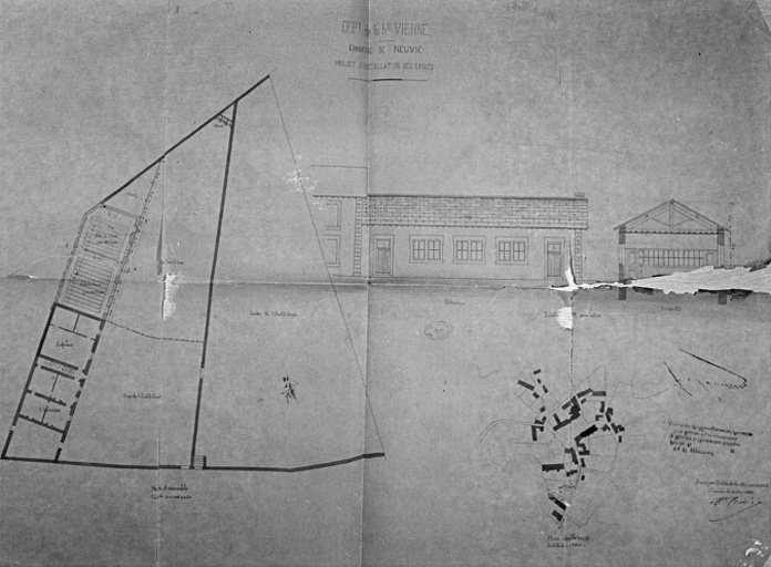 Projet d'installation des écoles. Plan, coupe, élévation. Agent voyer Coullaud, 1862.