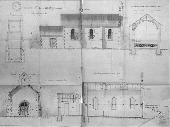 Plan au sol, élévation et coupe longitudinales, élévation de la façade, coupe transversale. Projet de reconstruction, architecte Geay, 1892.