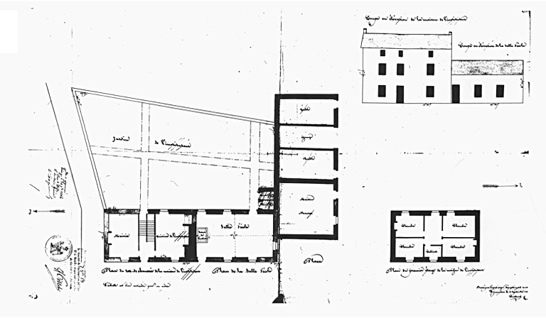 Projet de construction, non réalisé, par l'architecte du département, 1880. Plan masse, plan au sol, élévation.