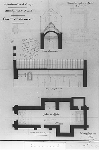 Plan au sol, coupe longitudinale, coupe transversale.