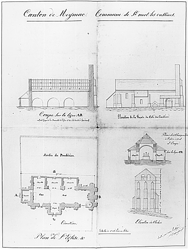 Plan, coupe et élévations de l'église.