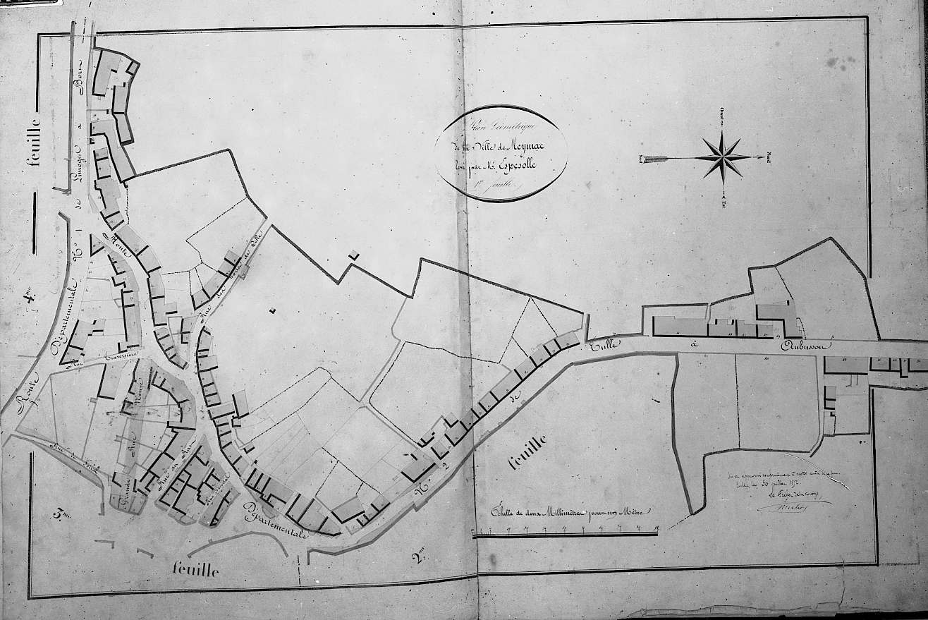 Détail : 1ère feuille, partie ouest de la ville. Avenue Limousine (ancienne route départementale de Limoges), rue Fontaine du Rat et partie ouest de la rue de Panazol.