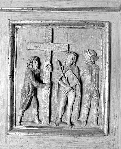 Retable, détail d'un relief : la Montée au Calvaire, Jésus va être chargé de sa croix.