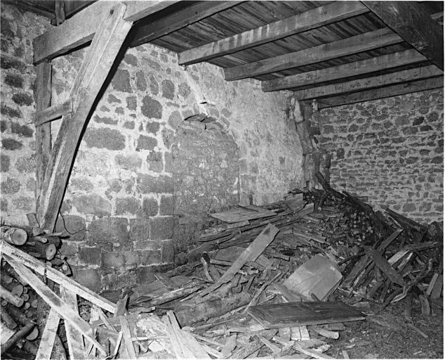 Vestiges de la chapelle : arrachement des nervures de la voûte et porte obturée au mur nord.