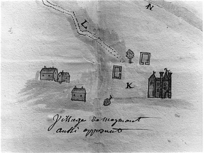 Détail : le village et le château de Meymont.