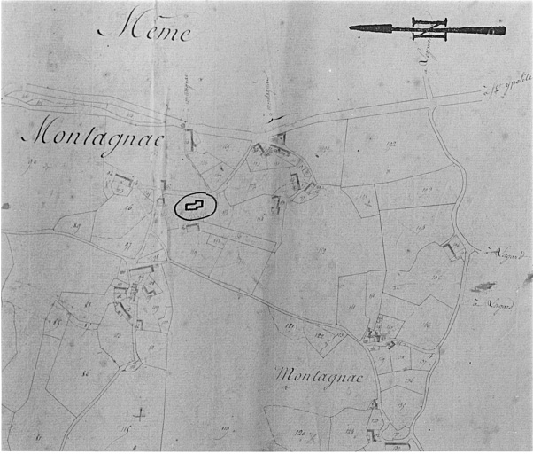 Plan parcellaire de Montaignac, avec l'emplacement du château.