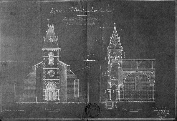 Reconstruction du clocher (élévation, coupe).