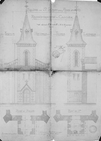 Reconstruction du clocher (élévation, plan).