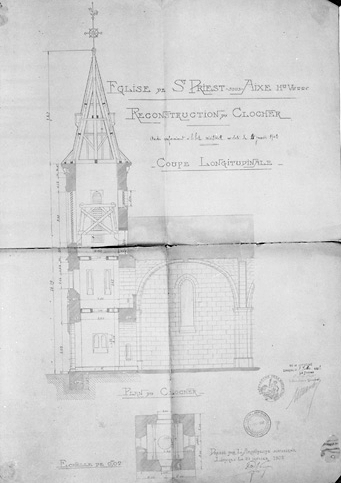 Reconstruction du clocher (coupe, plan).