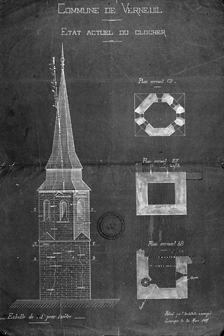 Etat actuel du clocher (1889). Projet de reconstruction.