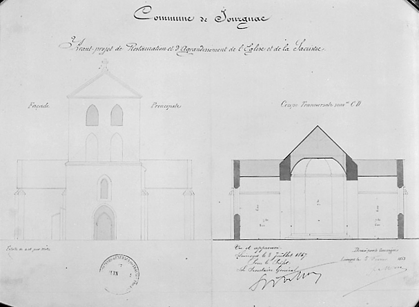 Avant-projet de restauration et d'agrandissement de l'église et de la sacristie (façade principale et coupe transversale) dressé par F. Merx le 5 février 1863.