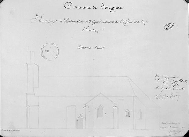 Avant projet de restauration et d'agrandissement de l'église et de la sacristie (élévation latérale) dressé par F. Merx le 5 février 1863.