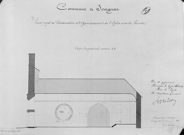 Avant projet de restauration et d'agrandissement de l'église et de la sacristie (coupe longitudinale) dressé par F. Merx le 5 février 1863.