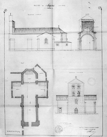 Projet de réparations à l'église (élévation latérale, coupe, plan et élévation principale) dressé par l'architecte H. Lemasson le 15 juillet 1896.