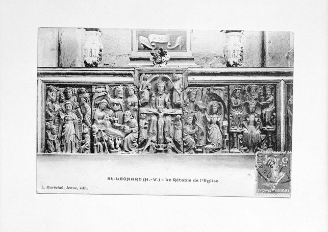 Retable en albâtre anglais volé en 1978 : vue des 5 plaques centrales vers 1900.