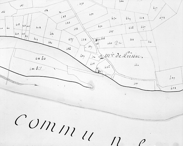 Le Moulin de Pressac. Extrait du plan cadastral de 1823, section B1, parcelle 433.