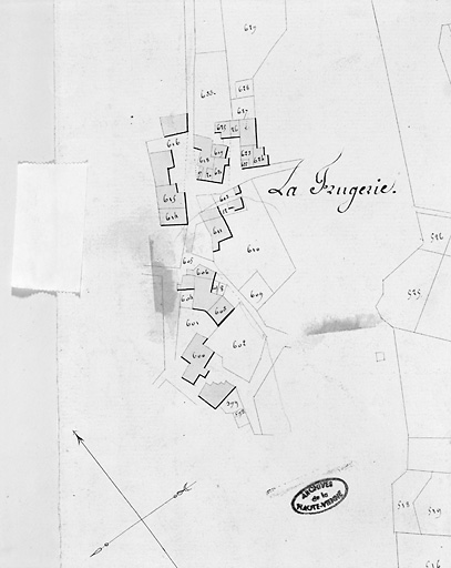 Extrait du plan cadastral de 1823 représentant le village de la Frugerie.