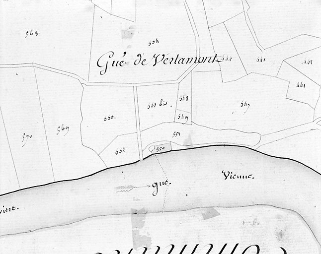 Extrait du plan cadastral de 1823 représentant le Gué de Verthamont.