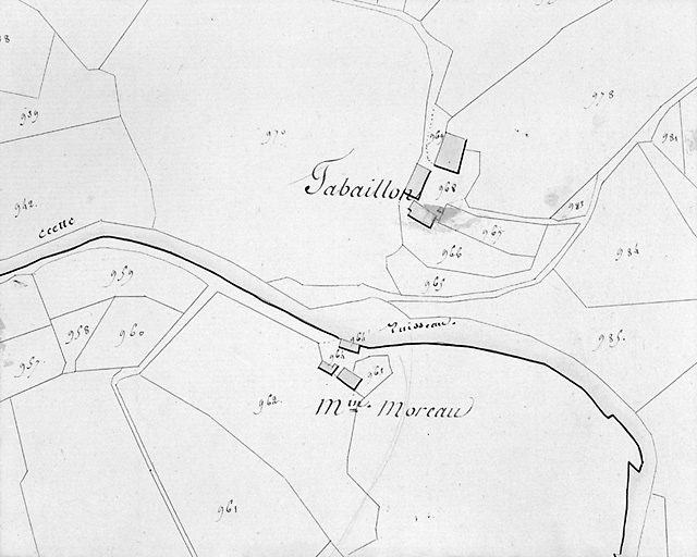 Moulins sur l'Aixette. Moulin Moreau dit aussi moulin du Boucheron. Extrait du plan cadastral de 1818, section A4.