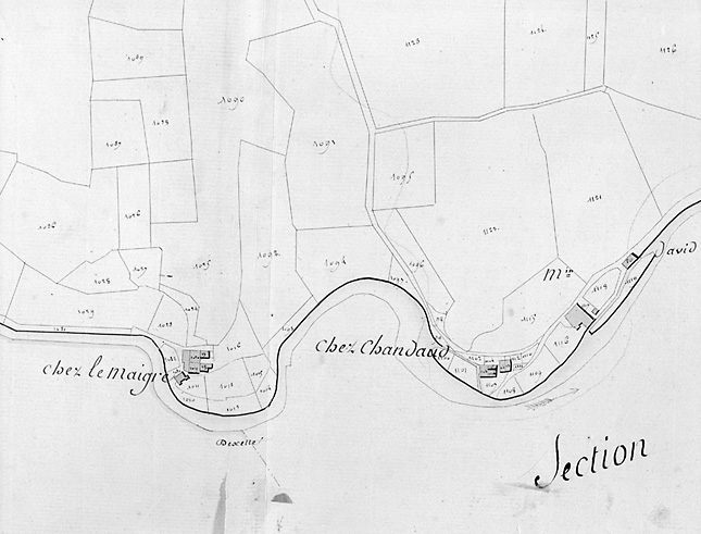 Moulins sur l'Aixette d'amont en aval. Moulins de chez le Maigre, chez Chandaud et Moulin-David. Extrait du plan cadastral de 1818, section A5.