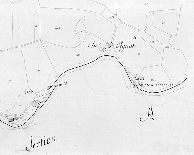 Moulins sur l'Aixette, d'amont en aval. Moulins David, de chez Peignot et de chez Mitrat. Extrait du plan cadastral de 1818, section A5.
