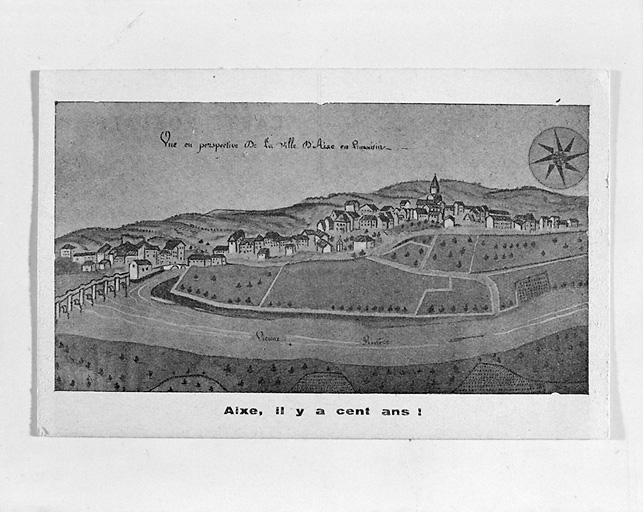 Reproduction d'une gravure montrant une vue en perspective de la ville d'Aixe-sur-Vienne.