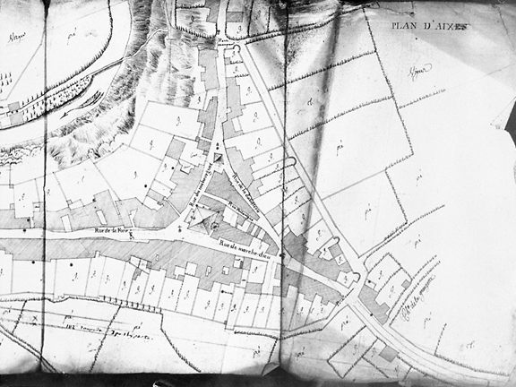 Plan de la ville d'Aixe-sur-Vienne. Plan non daté, vers 1770. Détail de la partie ouest de la ville.