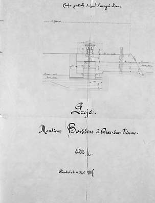 Projet d'installation d'une turbine américaine (daté du 11 mai 1897). Coupe verticale suivant l'arrivée d'eau.