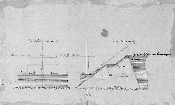 Plan du barrage (non daté, fin 19e siècle ?). Elévation et coupe transversale.