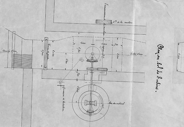 Projet d'installation d'une turbine américaine (daté du 11 mai 1897). Coupe perpendiculaire à l'arrivée d'eau et plan au sol de l'usine. Détail du plan au sol.