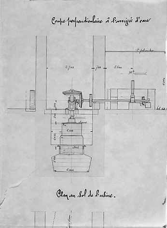 Projet d'installation d'une turbine américaine (daté du 11 mai 1897). Coupe perpendiculaire à l'arrivée d'eau et plan au sol de l'usine. Détail de la coupe.