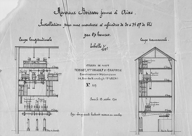 Premier projet d'installation pour une mouture à cylindres de 30 à 35 quintaux de blé par 24 heures (daté du 13 octobre 1900). Coupes longitudinale et transversale. Plan du rez-de-chaussée, des 1er, 2e, 3e et 4e étage, diagramme. Détail de la coupe longitudinale et transversale.