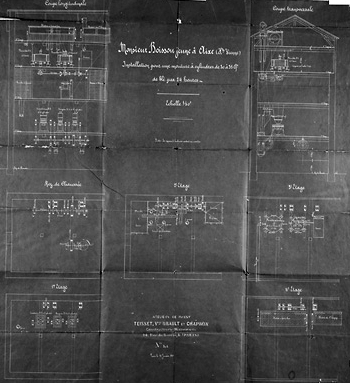 Deuxième projet d'installation pour une mouture à cylindres de 30 à 35 quintaux de blé par 24 heures (daté du 12 janvier 1901). Coupes longitudinales et transversale, plans du rez-de-chaussée, 1e, 2e, 3e et 4e étage.