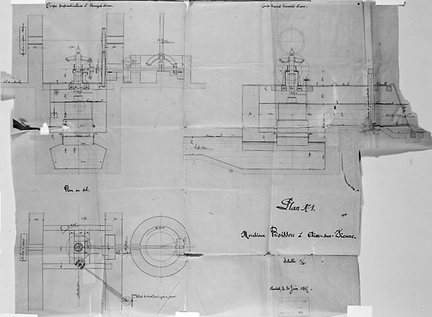 Projet d'installation d'une turbine américaine (daté du 30 juin 1897). Coupe perpendiculaire à l'arrivée d'eau, coupe suivant l'arrivée d'eau et plan au sol (30 juin 1897).