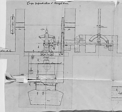 Projet d'installation d'une turbine américaine (daté du 30 juin 1897). Coupe perpendiculaire à l'arrivée d'eau, coupe suivant l'arrivée d'eau et plan au sol. Détail de la coupe perpendiculaire à l'arrivée d'eau.