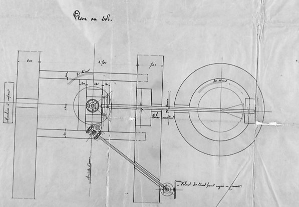 Projet d'installation d'une turbine américaine (daté du 30 juin 1897). Coupe perpendiculaire à l'arrivée d'eau, coupe suivant l'arrivée d'eau et plan au sol Détail du plan au sol.