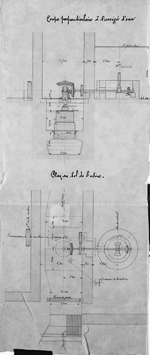 Projet d'installation d'une turbine américaine (daté du 11 mai 1897). Coupe perpendiculaire à l'arrivée d'eau et plan au sol de l'usine.