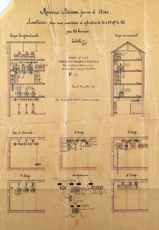 Premier projet d'installation pour une mouture à cylindres de 30 à 35 quintaux de blé par 24 heures (daté du 13 octobre 1900). Coupes longitudinale et transversale. Plan du rez-de-chaussée, des 1er, 2e, 3e et 4e étage, diagramme.