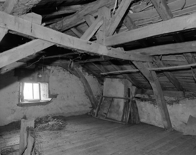 Bagoulas. Ancien logis de ferme, actuellement séparé en deux parcelles distinctes. Détail de la charpente. Cadastre de 1981, section N2, parcelle 358, 359.