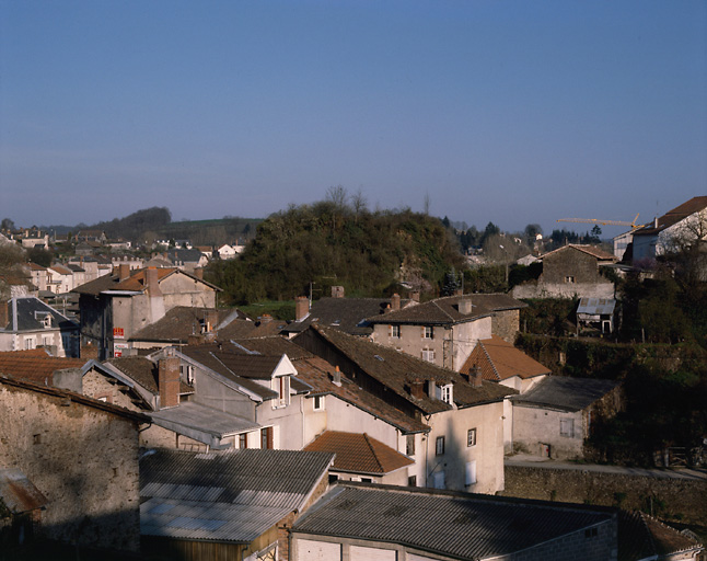 Vue des vestiges de la forteresse depuis le jardin d'une maison de la rue Rochefroide, situé au sud : vestiges de la motte, élévation sud-ouest.