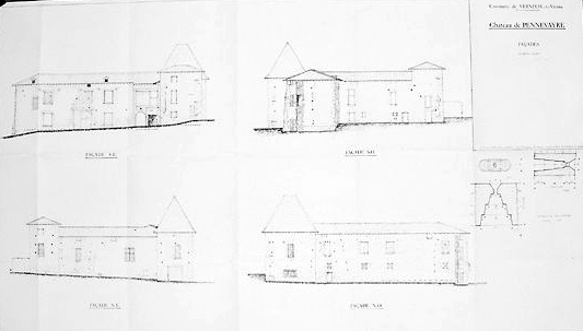 Projet de restauration (daté 1981, 1982). Façades sud-est, sud-ouest, nord-est, nord-ouest et détail de meurtrière.