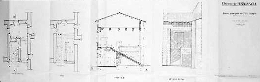 Projet de restauration (daté 1981 1982). Entrée principale sur l'aile Mauple. Etat futur du lieu. Coupe transversale, élévation, et plans du rez-de-chaussée et du premier étage au niveau de l'escalier.